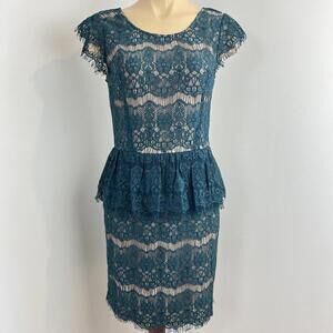 Maeve Anthropologie Women Small Elsa Teal Blue Lace Illusion Peplum Sheath Dress
